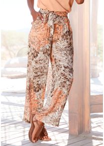 Palazzohose Lascana, Damen, Gr. 44, N-Gr, orange (apricot, taupe bedruckt), Web, Obermaterial: 100% Viskose, bedruckt, figurumspielend lang, Hosen Palazzohose, mit Blumendruck, sommerliche Stoffhose mit Taschen, Strandhose, Topseller