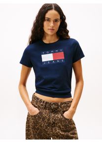 Kurzarmshirt Tommy Jeans "TJW REG TJ FLAG SS TEE", Damen, Gr. M (38), blau (schwarz night navy), Single Jersey, Obermaterial: 100% Baumwolle, bedruckt, regular fit, Rundhals, Shirts Kurzarmshirt