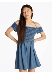 Midikleid Tommy Jeans "TJW CHAMBRAY FIT & FLARE DRESS", Damen, Gr. L (40), N-Gr, blau (denim medium), Web, Obermaterial: 100% Baumwolle, unifarben, ausgestellt mini, eckiger Ausschnitt, Kleider Midikleid, mit Bindeband, in blauer Waschung
