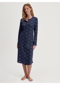 Nachthemd Calida "Flower Nights", Damen, Gr. XS (36/38), N-Gr, peacoat blau, Interlock, Obermaterial: 100% Baumwolle, bequem kniebedeckend, Rundhals, Kleider Nachthemd, bequem, Pure Cotton, Langarm, Knopfleiste, Rundhals-Ausschnitt