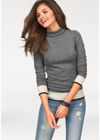 Rollkragenpullover AJC, Damen, Gr. 32/34 (XS), bunt (grau, wei&szlig;, marine), Feinstrick, Obermaterial: 50% Baumwolle, 50% Polyacryl, kontrastfarbene Details, unifarben mit Farbeins&auml;tzen, sehr figurbetont h&uuml;ftlang, hoch geschlossener Ausschnitt, Rippb&uuml;ndchen, Pullover Rollkragenpullover, in enger Form mit Farbkontrasten