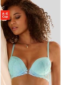 Push-up-BH Lascana, Damen, Gr. 75, Cup B, blau (aquablau), Microtouch, Obermaterial: 60% Polyamid, 35% Polyester, 5% Elasthan, BHs Push-up-BH, mit sexy B&auml;nderoptik vorn, Dessous