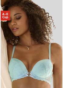 Push-up-BH Lascana, Damen, Gr. 80, Cup B, blau (aquablau), Microtouch, Obermaterial: 60% Polyamid, 35% Polyester, 5% Elasthan, BHs Push-up-BH, mit sexy B&auml;nderoptik vorn, Dessous