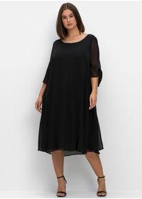 Chiffonkleid sheego "Midikleid", Damen, Gr. 44, Normalgr&ouml;&szlig;en, schwarz, Chiffon, 100% Polyester, unifarben, wadenlang, Rundhals, Kleider Chiffonkleid