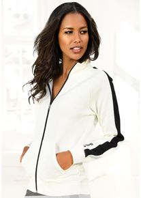 Sweatjacke BENCH. LOUNGEWEAR, Damen, Gr. 44/46, schwarz (ecru, schwarz), Jersey, Obermaterial: 60% Baumwolle, 40% Polyester, unifarben mit Farbeinsatz, bequem h&uuml;ftbedeckend, ohne Ausschnitt, Raglan&auml;rmel Rippb&uuml;ndchen, Sweatjacken Sweatjacke, mit Seitenstreifen und Stehkragen, Loungewear, Topseller