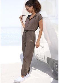Overall Venice Beach, Damen, Gr. 40, N-Gr, grau (taupe), Sweatware, Obermaterial: 100% Baumwolle. Kapuzenfutter: 100% Baumwolle, unifarben, figurumspielend lang, Aufschlag, Overalls Overall, aus Jerseyware, kurz&auml;rmliger Jumpsuit mit Taschen, Topseller