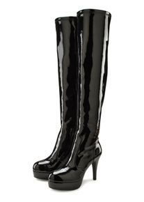 Overkneestiefel "High-Heel-Stiefelette mit Plateau", Damen, Gr. 38, schwarz, Obermaterial: 100% Lederimitat. Decksohle: 100% Lederimitat. Futter: 100% Textilmaterial. Laufsohle: 100% Synthetik, LASCANA Belle Affaire, gl&auml;nzend, unifarben, Schuhe Overkneestiefel, in erotischer Lack-Optik