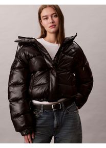 Steppjacke Calvin Klein Jeans "SHINE PUFFER", Damen, Gr. XXL (46), schwarz, Web, Obermaterial: 100% Polyamid, unifarben, regular fit taillenbedeckt, hoch geschlossener Ausschnitt, angesetztes B&uuml;ndchen mit Druckkn&ouml;pfen, Jacken Steppjacke, regular fit, mit Kapuze, gl&auml;nzendes Material