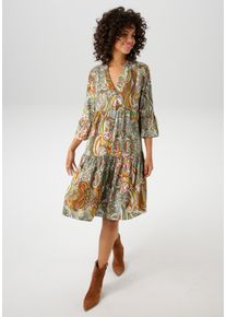 Tunikakleid Aniston CASUAL, Damen, Gr. 46, N-Gr, bunt (gr&uuml;n, dunkelgr&uuml;n, wei&szlig;, rost, braun, mais, oliv, terrakotta), Web, Obermaterial: 100% Viskose, Paisley, bedruckt, gemustert, l&auml;ssig geschnitten kniefrei, V-Ausschnitt, Volant, Kleider Tunikakleid, mit farbharmonischem, gro&szlig;fl&auml;chigen Paisley-Muster, Topseller