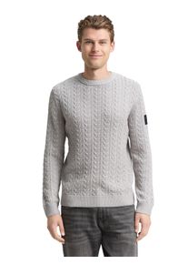 Rundhalspullover Tom Tailor, Herren, Gr. M, grau sanftes wei&szlig; plated, Strick, Obermaterial: 60% Baumwolle, 40% Polyacryl, Strukturmuster, regular fit normal, Rundhals, Rippb&uuml;ndchen, Pullover Rundhalspullover, mit Rippb&uuml;ndchen