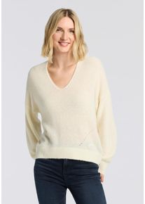 Strickpullover BOSS Orange "Foletta Premium Damenmode", Damen, Gr. XL, beige (open beige 295), Strick, Obermaterial: 58% Polyamid, 21% Alpaka, 21% Wolle, unifarben, relaxed fit normal, V-Ausschnitt, Rippstrickb&uuml;ndchen, Pullover Strickpullover, V-Ausschnitt, Ajour&eacute;-Details