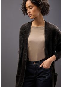 Cardigan Street One, Damen, Gr. 36, schwarzest braun, Strick, Obermaterial: 78% Polyamid, 12% Polyacryl, 10% Baumwolle, unifarben, ca. Mitte Oberschenkel, Rundhals, Strickjacken Cardigan, lang und in Federgarn-Qualit&auml;t, offen