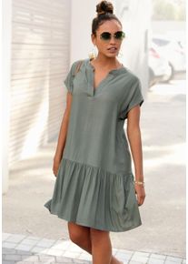 Blusenkleid s.Oliver, Damen, Gr. 40, N-Gr, gr&uuml;n (khaki), Web, Obermaterial: 100% Viskose, unifarben, figurumspielend ca. Mitte Oberschenkel, V-Ausschnitt, Kleider Blusenkleid, mit Volant am Rock, Tunikakleid, Sommerkleid, Topseller