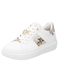 Plateausneaker RIEKER SPORT, Damen, Gr. 38, wei&szlig; (wei&szlig;, goldfarben, schmucklibelle), Leder, Schuhe Plateausneaker, mit stylischen Metallic-Details, Freizeitschuh, Halbschuh, Schn&uuml;rschuh, Topseller