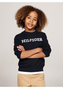 Strickpullover Tommy Hilfiger "MONOTYPE REGULAR SWEATER", Jungen, Gr. 8 (128), blau (desert sky), Strick, Obermaterial: 56% Baumwolle, 25% Polyester, 16% Polyamid, 3% Elasthan, unifarben, regular fit, Rundhals, Rippstrickb&uuml;ndchen, Pullover Strickpullover, mit aufgesticktem Logo