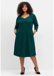 A-Linien-Kleid sheego "Kleid", Damen, Gr. 54, Normalgr&ouml;&szlig;en, blau (petrol), 70% Viskose, 26% Polyamid, 4% Elasthan, unifarben, knielang, herzf&ouml;rmiger Ausschnitt, Kleider A-Linien-Kleid