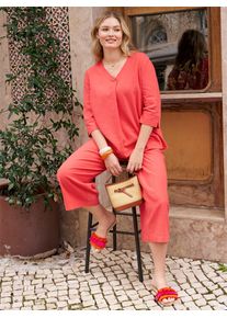 Longbluse sheego, Damen, Gr. 58, rot (hummer), 55% Leinen, 45% Viskose, unifarben, V-Ausschnitt, Blusen Longbluse