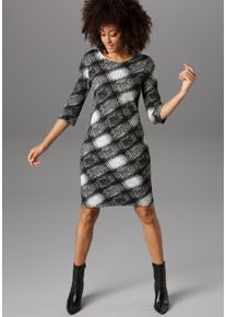 Jerseykleid Aniston SELECTED, Damen, Gr. 42, N-Gr, schwarz-wei&szlig; (schwarz, wei&szlig;, grau), Jersey, Obermaterial: 65% Polyester, 30% Viskose, 5% Elasthan, gemustert, figurumspielend kniefrei, Rundhals, Kleider Jerseykleid, elegant gemustert