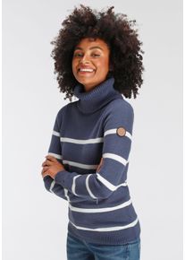 Rollkragenpullover Kangaroos, Damen, Gr. 44/46, blau (marine, wollwei&szlig;), Strick, Obermaterial: 60% Baumwolle, 40% Polyacryl, geringelt, gestreift, normal h&uuml;ftbedeckend, Rippstrickb&uuml;ndchen, Pullover Rollkragenpullover, in l&auml;ssiger Form mit Kontraststreifen