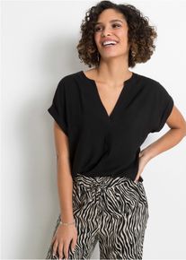 Tunika bonprix, Damen, Gr. 42, schwarz, Obermaterial: 100% Viskose, regular fit, Tuniken Tunika, eleganter Look, Kurzarm-Design, Regular Fit, mit Henley-Kragen