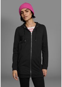 Sweatjacke Flashlights, Damen, Gr. 36/38, schwarz, Interlock, Obermaterial: 95% Baumwolle, 5% Elasthan. Kapuzenfutter: 100% Baumwolle, unifarben, Basic, l&auml;ssig geschnitten Po-bedeckend, Sweatjacken Sweatjacke, in langer Form mit Zipper, Topseller