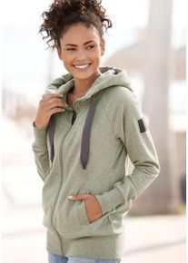 Kapuzensweatjacke ELBSAND "Kelina", Damen, Gr. XXL (44), gr&uuml;n (gr&uuml;n meliert), angeraute Sweatware, Obermaterial: 67% Baumwolle, 33% Polyester, meliert, figurumspielend h&uuml;ftlang, Raglan&auml;rmel,mit &Auml;rmeleinsatz Rippb&uuml;ndchen, Sweatjacken Kapuzensweatjacke, mit Logostickerei auf der Kapuze, bequeme Freizeitjacke mit Taschen