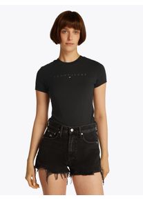 T-Shirt Tommy Jeans CURVE "TJW SLIM TONAL LINEAR TEE EXT", Damen, Gr. 5XL (50), schwarz, Single Jersey, Obermaterial: 100% Baumwolle, bedruckt, unifarben, figurbetont h&uuml;ftlang, Rundhals, gerader Abschluss, Shirts T-Shirt, in Gro&szlig;en Gr&ouml;&szlig;en, Logodruck, Figurbetont