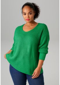 Strickpullover ANISTON PLUS, Damen, Gr. 44, gr&uuml;n, Strick, Obermaterial: 100% Polyacryl, unifarben, l&auml;ssig geschnitten Po-bedeckend, V-Ausschnitt, Rippstrickb&uuml;ndchen, Pullover Strickpullover, im dezenten Ajour-Strickmuster