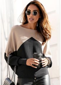 Strickpullover Lascana, Damen, Gr. 36/38, beige (sand, schwarz), Strick, Obermaterial: 50% Viskose, 28% Polyester, 22% Polyamid, Colorblocking, figurumspielend h&uuml;ftlang, Rundhals, extrabreites B&uuml;ndchen, Pullover Strickpullover, mit Colorblock-Optik und leichten Fledermaus&auml;rmeln, Topseller