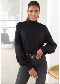 Strickpullover Lascana, Damen, Gr. 44/46, schwarz, Strick, Obermaterial: 50% Viskose, 25% Polyamid, 25% Polyester, unifarben, figurumspielend h&uuml;ftlang, Rippstrickb&uuml;ndchen, Pullover Strickpullover, mit kleinem Stehkragen, Feinstrickpullover, casual-chic, Topseller