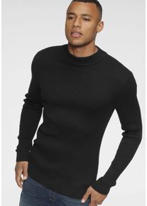 Stehkragenpullover Bruno Banani, Herren, Gr. L (52/54), schwarz, Feinstrick, Obermaterial: 50% Baumwolle, 50% Polyacryl, Basic, slim fit, B&uuml;ndchen, Pullover Stehkragenpullover, in Rippstrickoptik