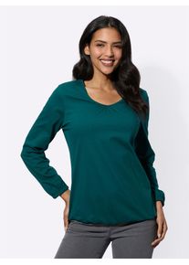 Langarmshirt Classic Basics "Langarm-Shirt", Damen, Gr. 40, blau (petrol), 100% Baumwolle, unifarben, V-Ausschnitt, Shirts Langarmshirt