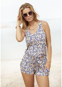 Kurzoverall Buffalo, Damen, Gr. 44, N-Gr, blau (blau bedruckt), Jersey, Obermaterial: 95% Viskose, 5% Elasthan, bedruckt, gebl&uuml;mt, figurumspielend kurz, V-Ausschnitt, Overalls Kurzoverall, mit Blumendruck, sommerlicher Jumpsuit, Strandmode