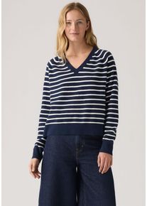 Levi's V-Ausschnitt-Pullover LEVI'S "SUPER SOFT VNECK PULLOVER", Damen, Gr. XS (34), parisienne stripe pe, Strick, Obermaterial: 53% Baumwolle, 32% Polyester, 13% Polyamid, 2% Elasthan, gestreift, bequem h&uuml;ftlang, V-Ausschnitt, Raglan&auml;rmel B&uuml;ndchen, Pullover V-Ausschnitt-Pullover, im Bund beidseitig mit kurzem Schlitz