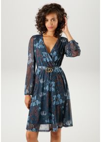 Blusenkleid Aniston CASUAL, Damen, Gr. 40, N-Gr, blau (petrol, hellblau, braun wollwei&szlig;, gr&uuml;n, lila), Mesh, Obermaterial: 95% Polyester, 5% Elasthan. Futter: 100% Polyester, bedruckt, gebl&uuml;mt, figurumspielend kniefrei, V-Ausschnitt, elastischer Bund mit Gummizug, Kleider Blusenkleid, mit dekorativer Brosche am fixiertem Bindeg&uuml;rtel, Topseller