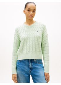 Strickpullover Tommy Hilfiger "CO CABLE MID GG RLX LS V-NK SWT", Damen, Gr. L (42/44), gentle jade, Strick, Obermaterial: 100% Baumwolle, unifarben, relaxed fit normal, V-Ausschnitt, Pullover Strickpullover, mit Zopfmuster