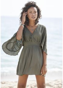 Tunikakleid Lascana, Damen, Gr. 46, N-Gr, gr&uuml;n (khaki), Web, Obermaterial: 100% Viskose, unifarben, figurumspielend kurz, V-Ausschnitt, Volant, Kleider Tunikakleid, mit weiten &Auml;rmeln, aus Spitze, Blusenkleid, Strandmode, Topseller