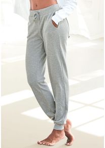 Relaxhose BENCH. LOUNGEWEAR, Damen, Gr. 52/54, N-Gr, grau (hellgrau, melange), Interlock, Obermaterial: 90% Baumwolle, 10% Polyester, meliert, unifarben, bequem lang, Hosen Relaxhose, mit gl&auml;nzender Logostickerei, Loungeanzug, Topseller