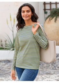 Langarmshirt Casual Looks "Shirt", Damen, Gr. 52, bunt (schilf, marine, geringelt), 100% Baumwolle, gemustert, gestreift, mehrfarbig, U-Boot-Ausschnitt, Shirts Langarmshirt