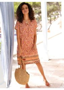 Druckkleid Inspirationen "Druck-Kleid", Damen, Gr. 54, Normalgr&ouml;&szlig;en, orange (papaya, rotbraun, bedruckt), 100% Viskose, bedruckt, gebl&uuml;mt, gemustert, mehrfarbig, kurz, V-Ausschnitt, Kleider Druckkleid