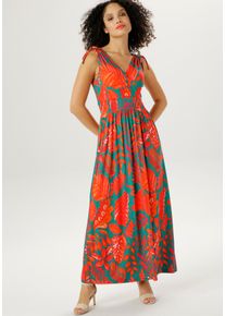 Sommerkleid Aniston SELECTED, Damen, Gr. 40, N-Gr, bunt (gr&uuml;n, rot, orange), Single Jersey, Obermaterial: 95% Viskose, 5% Elasthan, bedruckt, figurumspielend lang, V-Ausschnitt, Kleider Sommerkleid, mit breiten Tr&auml;gern zum Raffen, Topseller