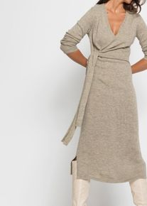 Strickkleid bonprix "Midi-Strickkleid", Damen, Gr. 48/50 (XL), N-Gr, beige (beige meliert), Obermaterial: 90% Polyacryl, 10% Polyester, slim fit, V-Ausschnitt, Kleider Strickkleid, mit modernem Wickel-Design, aus Polyacryl und Polyester