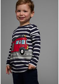 Langarmshirt Kidsworld "TAT&Uuml; TATA die Feuerwehr ist da", Jungen, Gr. 92/98, blau (marine, wei&szlig;, geringelt), Single Jersey, Obermaterial: 50% Baumwolle, 50% Modal, bedruckt, gestreift, Basic, Rundhals, Shirts Langarmshirt, lang&auml;rmlig, Basic-Passform, gestreift und bedruckt, Topseller