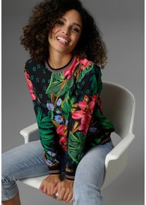 Shirtbluse Aniston SELECTED, Damen, Gr. 44, bunt (schwarz, dunkelgr&uuml;n, hellgr&uuml;n, pink, mais, braun, blau, flieder, orange), Cr&ecirc;pe, Obermaterial: 95% Polyester, 5% Elasthan, bedruckt, gebl&uuml;mt, figurumspielend h&uuml;ftbedeckend, Rundhals, B&uuml;ndchen, Blusen Shirtbluse, mit gestreiften B&uuml;ndchen, Topseller