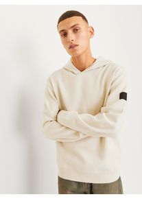 Jack & Jones Kapuzenpullover JACK & JONES "JCOAERO KNIT HOOD SN", Herren, Gr. S, gelb (moonbeam), Strick, Obermaterial: 84% Polyester, 16% Nylon, unifarben, relaxed fit, Rippb&uuml;ndchen, Pullover Kapuzenpullover
