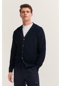 Cardigan Bugatti "Regular Fit", Herren, Gr. XL, blau (390, marine), Strick, 50% Baumwolle, 50% Polyester, unifarben, regular fit, V-Ausschnitt, Rippb&uuml;ndchen, Strickjacken Cardigan, mit V-Ausschnitt und Ripp-Struktur