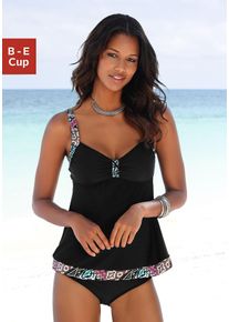 Tankini Lascana, Damen, Gr. 48, Cup B, bunt (schwarz, bunt), Polyamid, unifarben mit Farbeins&auml;tzen, Bikini-Sets Tankini, mit bedruckten Eins&auml;tzen