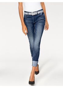 7/8-Jeans Heine, Damen, Gr. 40, Normalgr&ouml;&szlig;en, blau (blau denim), 76% Baumwolle, 16% Polyester, 7% Viskose, 1% Elasthan, Miedereinsatz:15% Elasthan, 85% Polyamid, unifarben, 7/8-L&auml;nge, Jeans 7/8-Jeans