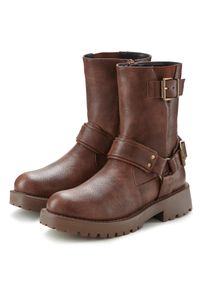 Bikerboots Lascana, Damen, Gr. 38, braun, Obermaterial: 100% Lederimitat. Decksohle: 100% Lederimitat. Futter: 100% Lederimitat. Laufsohle: 100% Synthetik, unifarben, Schuhe Bikerboots, mit trendigen Zierschnallen, Stiefel, Stiefelette