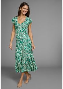 Sommerkleid Laura Scott, Damen, Gr. 46, N-Gr, gr&uuml;n (gr&uuml;n, sand, gemustert), Single Jersey, Obermaterial: 95% Viskose, 5% Elasthan, gemustert, figurbetont lang, V-Ausschnitt, Volant, Kleider Sommerkleid, mit Alloverdruck & leicht gerafften Fl&uuml;gel-&Auml;rmeln, Topseller